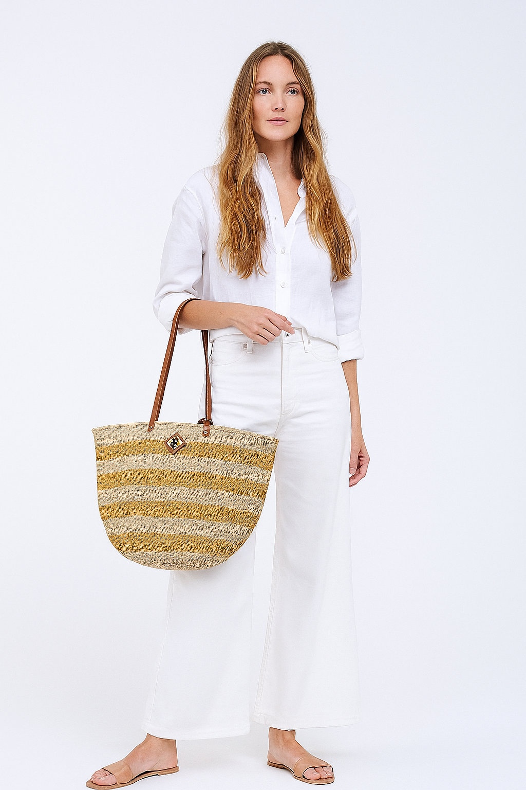 Carrie City Natural and Mustard Stripes with Mocha Leather