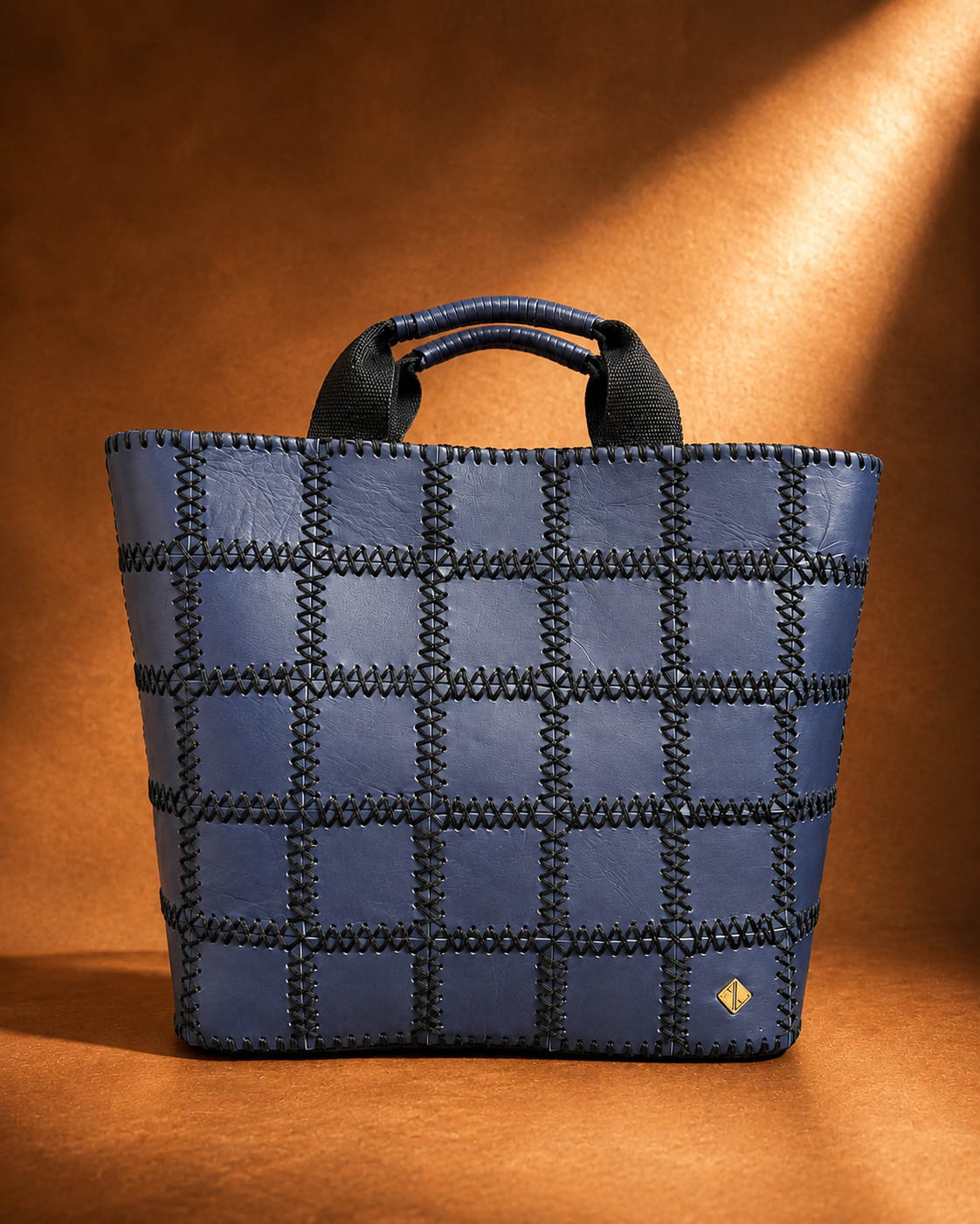 Patchwork Vertical Leather Tote (Navy)