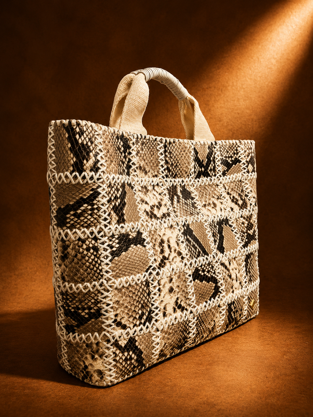 Patchwork Vertical Leather Tote (Snakeskin)