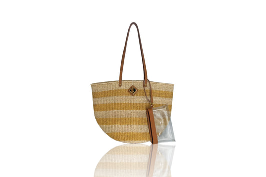 Carrie City Natural and Mustard Stripes with Mocha Leather